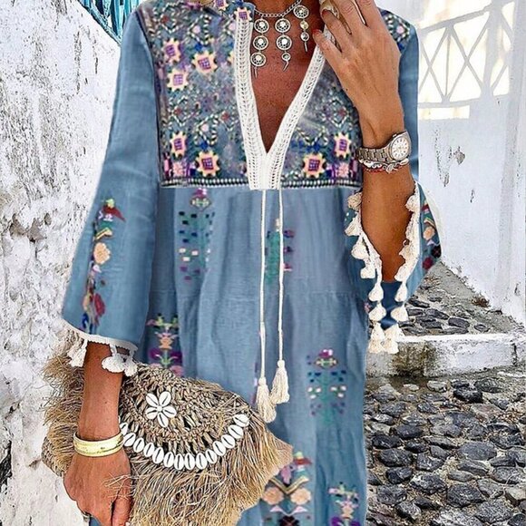 Multicolor Casual Women's V-Neck Fringed Decor Flower Embroidered Summer Dress - Picture 1 of 7